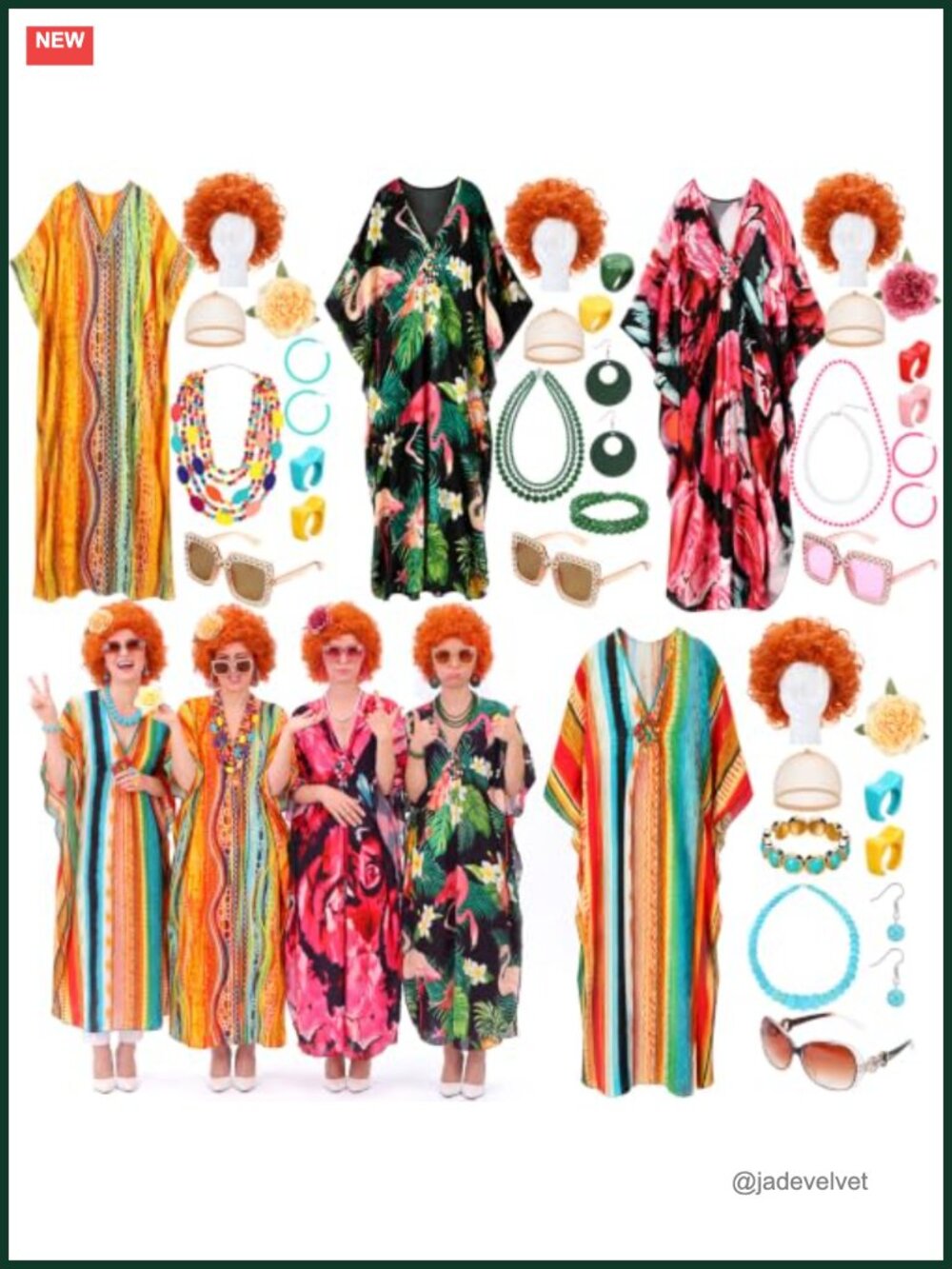 Retro Landlady Costume 4 Set Caftan Dresses Curly Wigs Jewelry Halloween